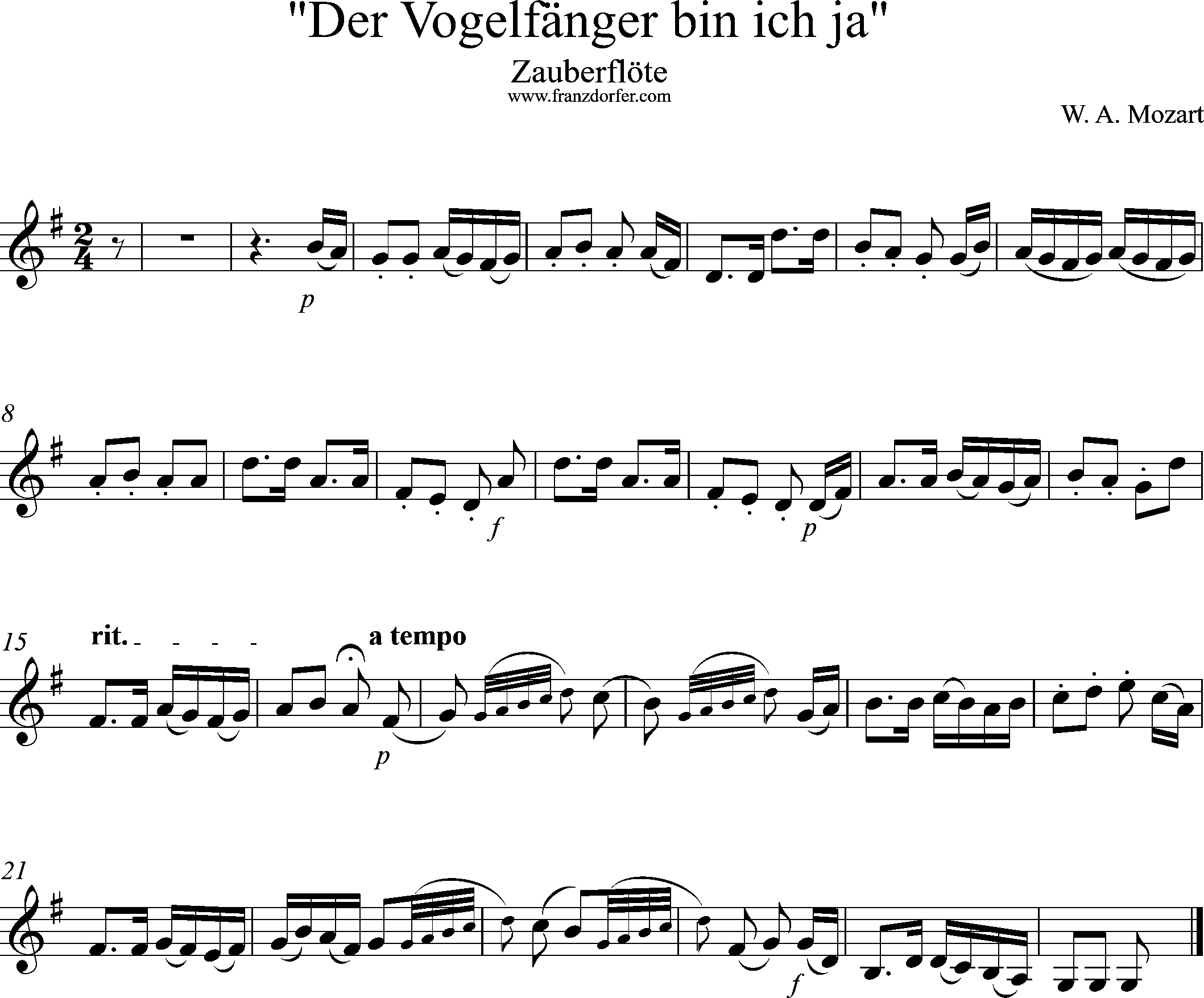 zuaberflöte, Vogelgängerlied, G-Dur tief